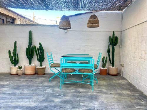 帕拉弗鲁赫尔Casa en Palafrugell - Costa Brava的靠近仙人掌和植物的蓝色桌椅