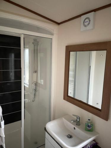 罗切斯特Newland's的浴室配有盥洗盆和带镜子的淋浴
