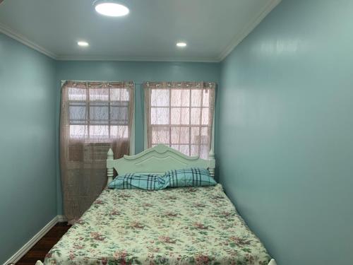 乔治敦Vacation home rental的一间卧室设有一张床和两个窗户。