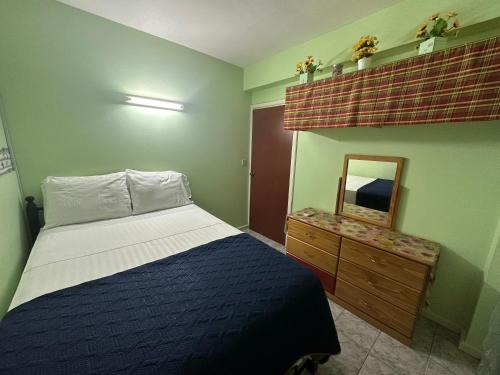 格罗斯岛Homely environment ideal for a home away from home的一间小卧室,配有一张床和镜子