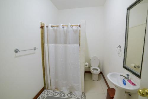 里瓦斯HOSTAL RIVAS INNS的带淋浴、卫生间和盥洗盆的浴室