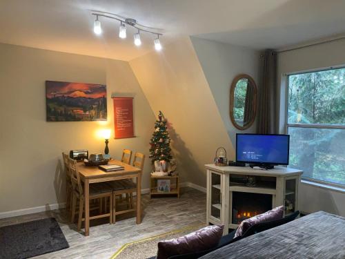 阿什福德Mountain Meadows Inn & Chalet Suites的客厅配有圣诞树和电视