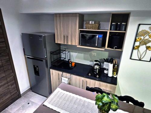 危地马拉Nuevo y Moderno apartamento en la atractiva Zona 4的一间带不锈钢冰箱的小厨房