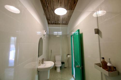 永熙Yeu Bien 3的一间带水槽和卫生间的浴室以及一扇绿门。