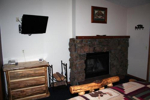 埃斯蒂斯帕克Timber Creek Chalets- 4 chalet的客厅设有石制壁炉和电视。