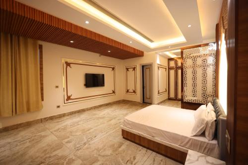 BulandshahrBurney Palace Hotel的卧室配有一张床,墙上配有电视。