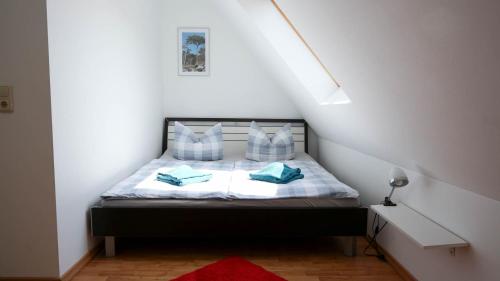 普鲁滕Dat blaue Huus - Am Tor zum Darß的一间卧室配有一张带蓝色枕头的床