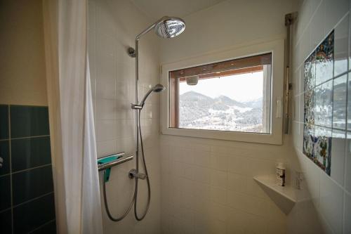 施库尔Chasa Panorama的带淋浴的浴室,带窗户