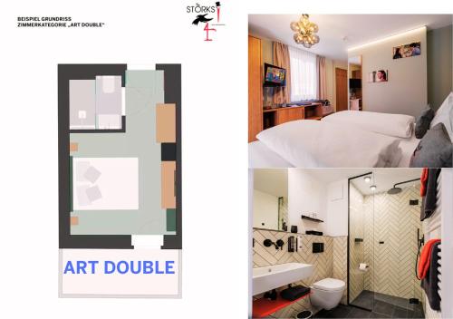 巴特霍夫加施泰因Hotel Bad Hofgastein - The STORKS - Adults Only的两张照片,一间房间,配有一张床和一间浴室