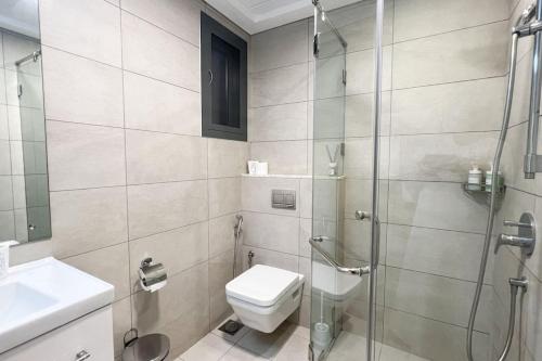 马斯喀特1BHK Near Airport, Pool, Parking的一间带卫生间和玻璃淋浴间的浴室
