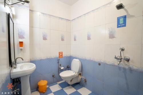 乌代浦乌代布尔左斯特尔旅舍的蓝色和白色的浴室设有卫生间和水槽