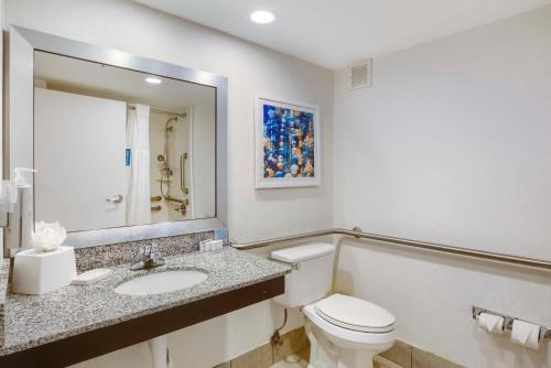 莫比尔提尔曼斯角莫比亚-I-10/贝林格拉思花园汉普顿旅馆的一间带卫生间、水槽和镜子的浴室