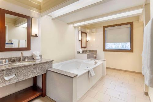 约翰斯敦Comfort Inn & Suites的带浴缸和盥洗盆的大浴室