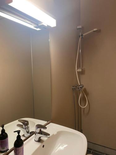 苏特兰Sortland Camping og Motell AS的浴室设有白色水槽和镜子