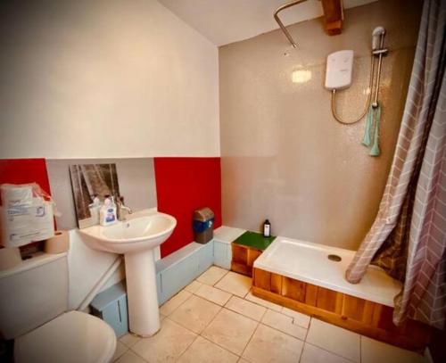 Camp Hillcrest Bunkhouse的浴室配有盥洗盆、卫生间和浴缸。