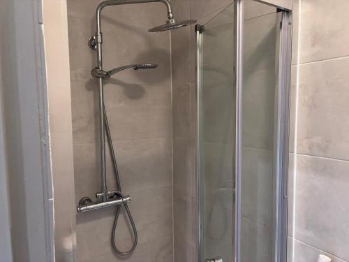 Havering atte BowerRomford Cosy Studio Flat的淋浴设有玻璃门和淋浴头