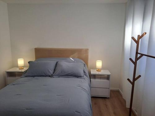 蒙得维的亚Nuevo, apartamento completo, opción parking, en Cordón Soho的一间卧室配有2个床头柜、1张床和2盏灯。