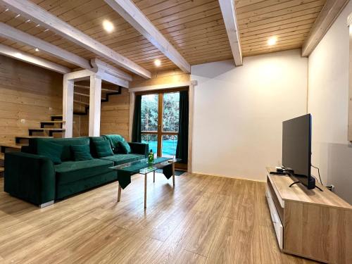 KamesznicaHighlander - drewniany dom w Beskidach的客厅配有绿色沙发和电视