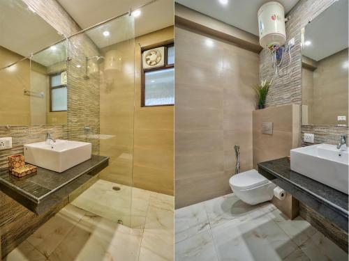 坎多林Premium 2BHK Apartment with pool at Candolim Beach的两张带水槽和卫生间的浴室图片