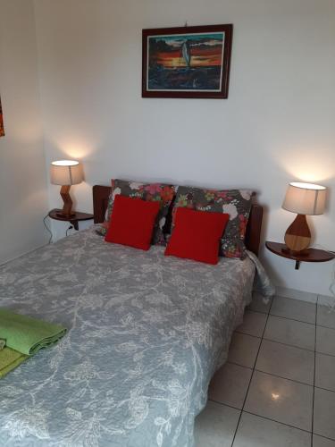 圣菲利普Le Palmier的一间卧室配有一张带红色枕头的床和两盏灯。