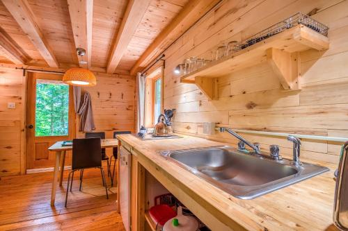 萨顿Huttopia Sutton的小木屋内的厨房配有水槽