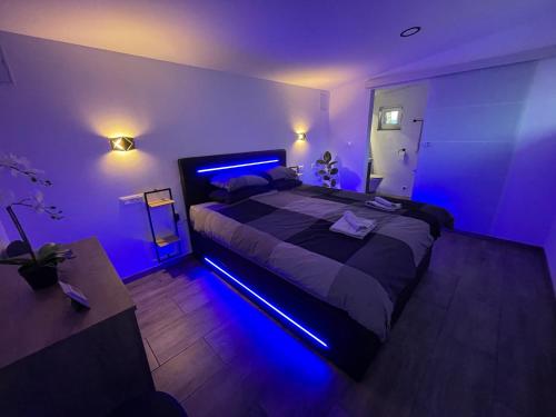 森克Green Oasis Garden的一间卧室配有一张蓝色灯的大床