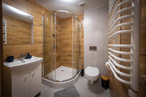维斯瓦Pokoje Vik-House的带淋浴、卫生间和盥洗盆的浴室