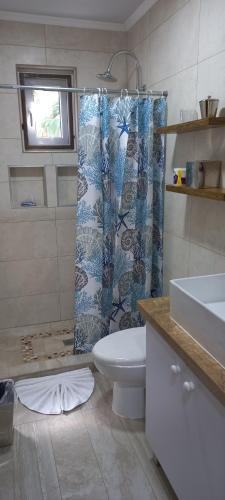 棕榈滩SEMEREL APARTMENT的一间带卫生间和淋浴帘的浴室
