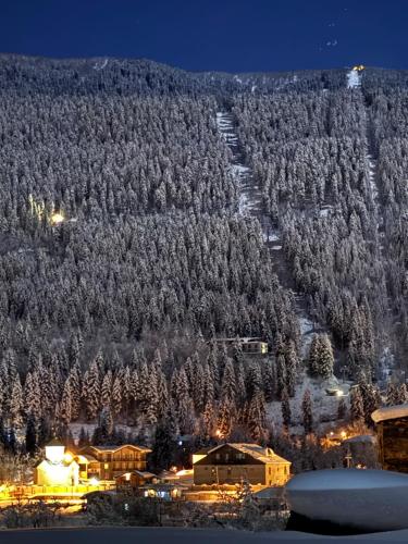 梅斯蒂亚Villa Dabderr Mestia的雪覆盖的山坡,晚上有滑雪胜地