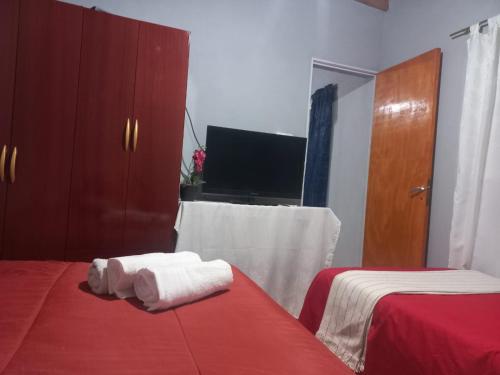 奇莱西托Vista a la montaña的一间卧室配有两张带红色床单的床和电视。