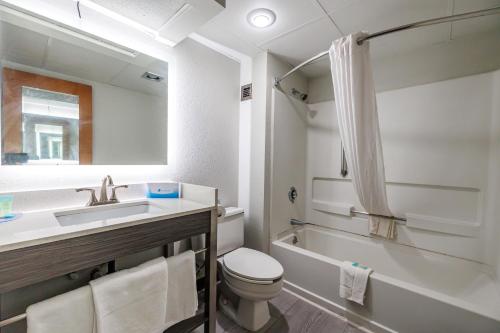 奥马哈奥马哈新维多利亚酒店及套房的浴室配有盥洗盆、卫生间和浴缸。