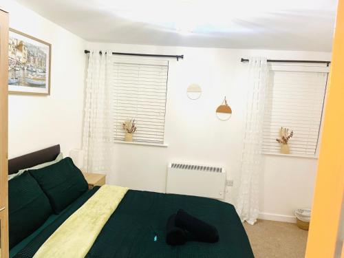 RisleyCozy Apartment in Birchwood的一间卧室设有绿色的床和2个窗户。
