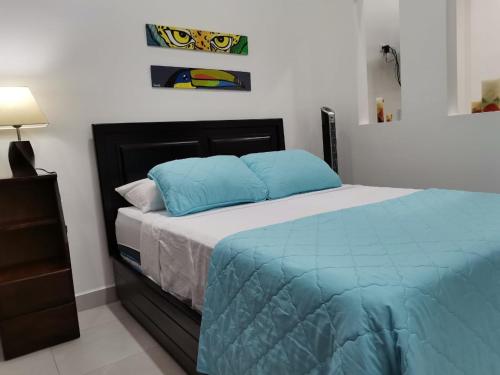 圣何塞935 Lodge San José的一间卧室配有一张带蓝色枕头的床。