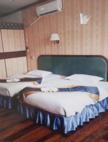 芒赛Dansavanh Hotel的一间房间里三张床的组合