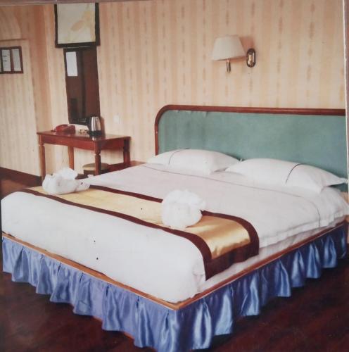 芒赛Dansavanh Hotel的卧室内的一张带白色枕头的大床