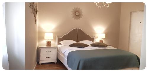 塔古玖Elania Residence的一间卧室配有一张带两个枕头和镜子的床