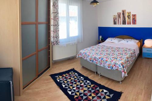 安卡拉A Peacefull Terrace at the heart of Ankara的一间卧室设有一张床和蓝色的墙壁