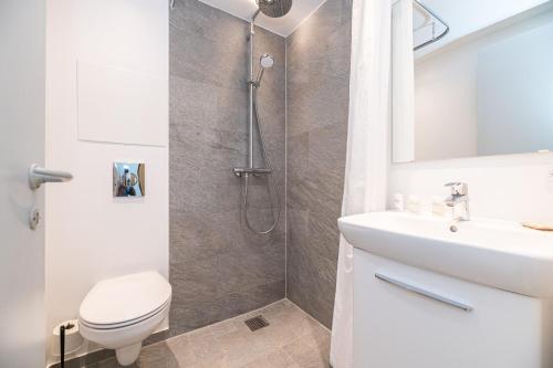 内克瑟巴尔卡索巴德海滨酒店的带淋浴、卫生间和盥洗盆的浴室