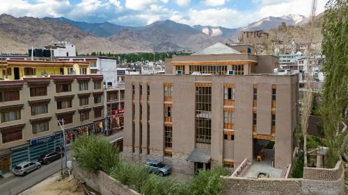 列城Chospa Hotel, Leh的一座有建筑和山脉背景的城市