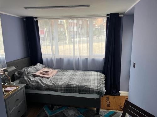 伦敦Cozy Guest Room in High Barnet (London) with Private Entrance and Small Terrace的一间小卧室,配有床和窗户