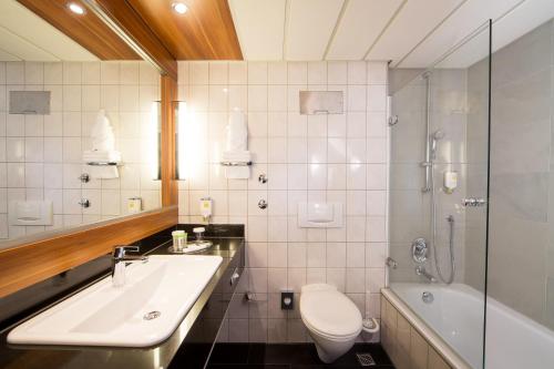 美因河畔法兰克福Lindner Hotel Frankfurt Hochst, part of JdV by Hyatt的浴室配有盥洗盆、卫生间和浴缸。