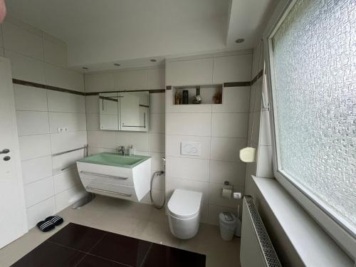 卡塞尔Schickes 110qm Ferienhaus in Nähe VW, DEZ und Orangerie的一间带水槽和卫生间的浴室以及窗户。