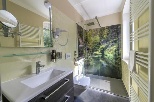 利希滕海恩Lichtenhainer Wasserfall的一间带水槽和卫生间的浴室