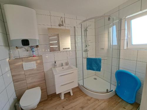 尼彻兹Comfortable holiday homes for 7 people, Niechorze的带淋浴、卫生间和盥洗盆的浴室