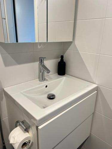 图尔库Simple studio for two in Turku Center的浴室设有白色水槽和镜子
