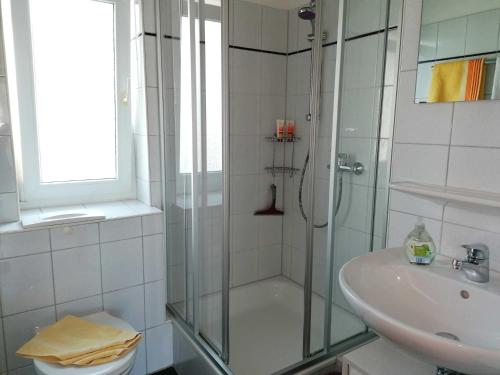 康斯坦茨Ferienwohnungen Böhme的一间带玻璃淋浴和水槽的浴室