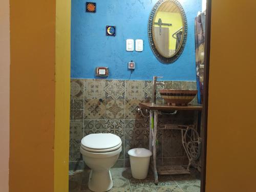 圣拉斐尔Hostel De La Tana的浴室设有卫生间和墙上的镜子。