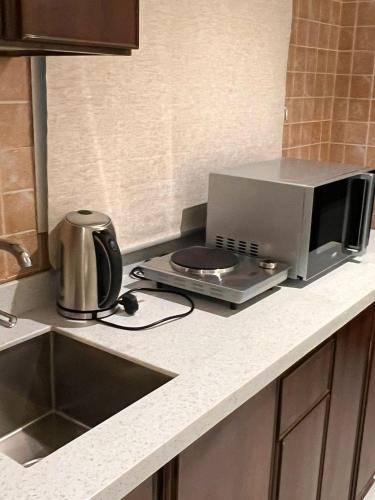 阿可贺巴ريزا الفندقية Reeza Suites的厨房的台面上设有微波炉