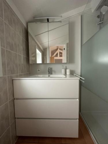 德哈恩Vakantiehuisje Wenduine的白色的浴室设有水槽和镜子