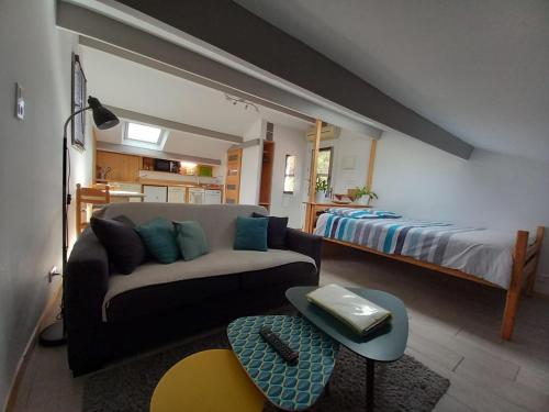 普罗旺斯地区阿莱马尼Le Petit Grillo - Gite proche des gorges du Verdon的客厅配有沙发和1张床